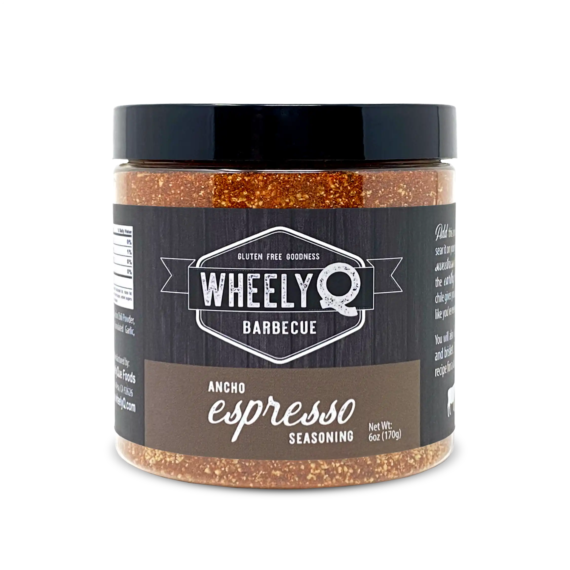 A jar of Ancho Espresso Seasoning from WheelyQ Barbecue.