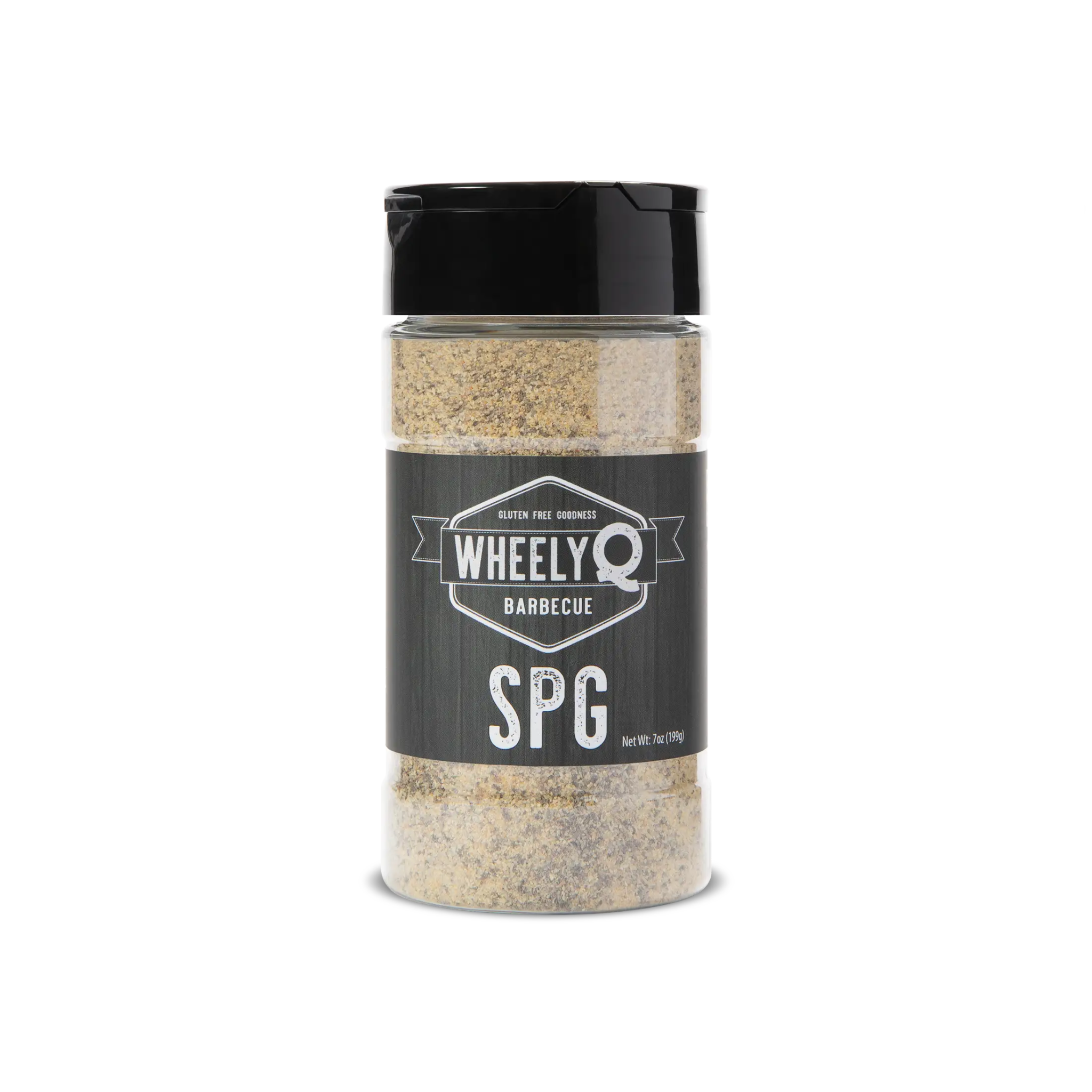A bottle of WheelyQ Barbecue SPG Seasoning (Salt, Pepper, Garlic) showing the front.