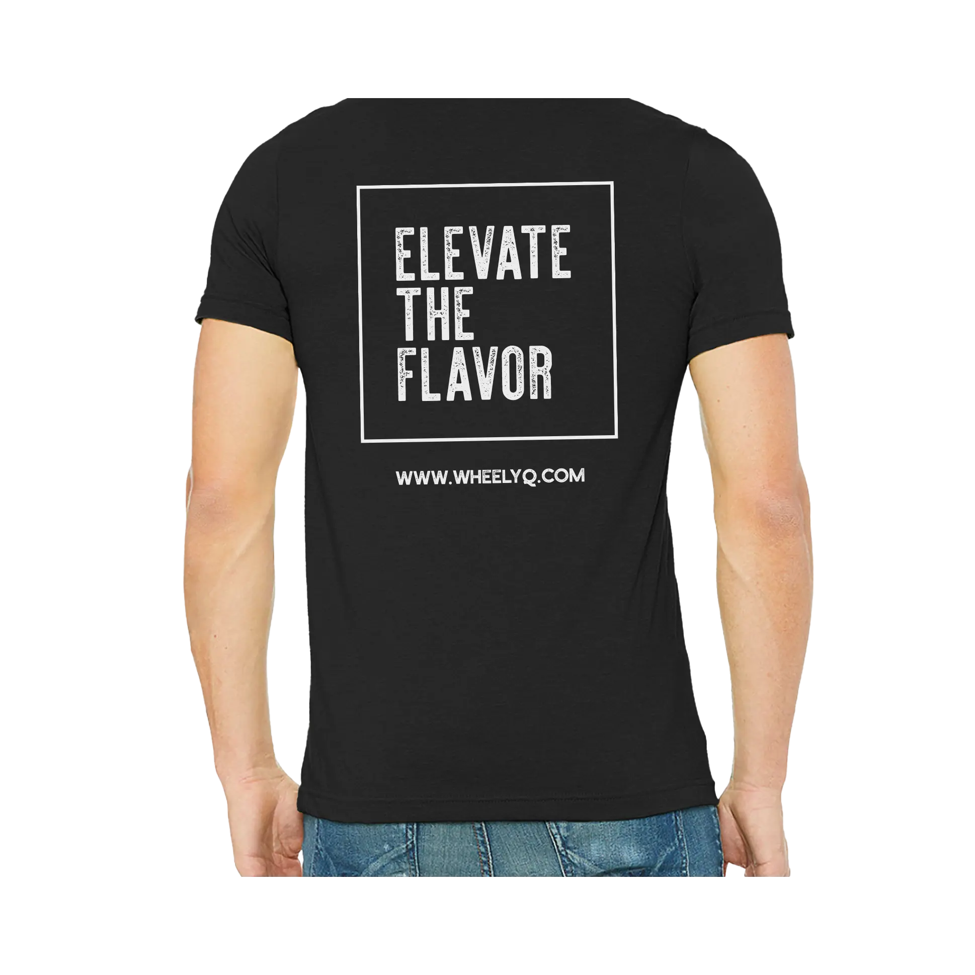 A heather black colored t-shirt with the Elevate The Flavor logo and www.wheelyq.com on the back.