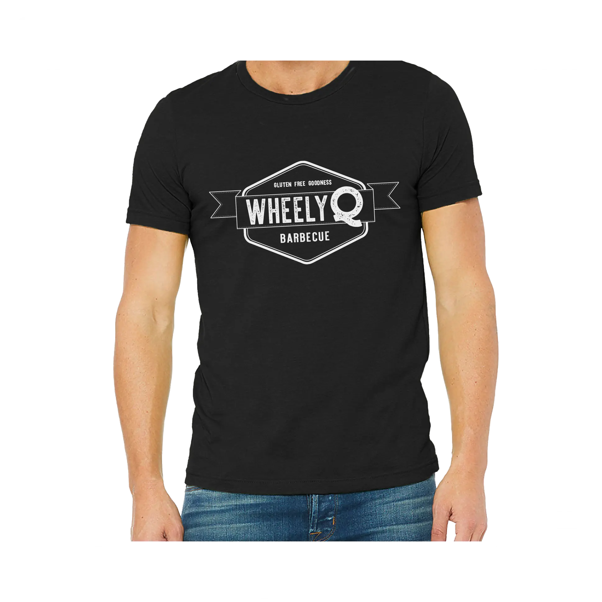 A heather black colored t-shirt with the WheelyQ Barbecue logo on the front.