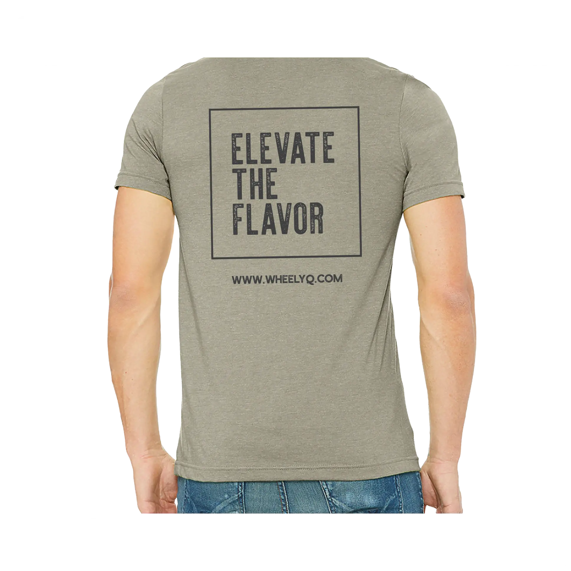 A heather stone colored t-shirt with the Elevate The Flavor logo and www.wheelyq.com on the back.