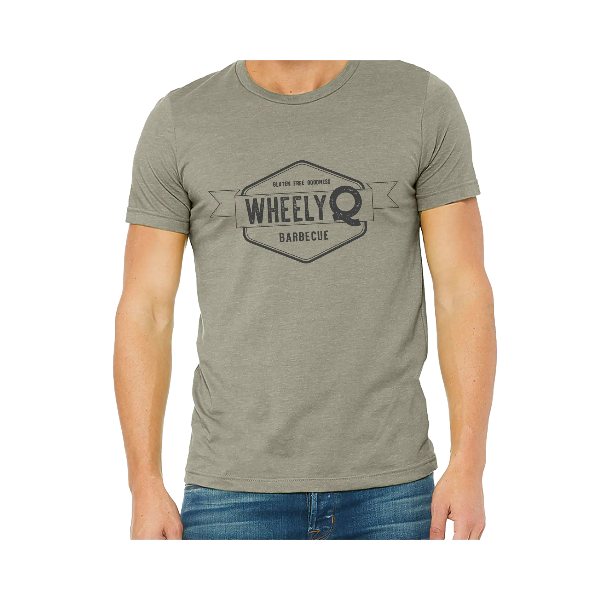 A heather stone colored t-shirt with the WheelyQ Barbecue logo on the front.