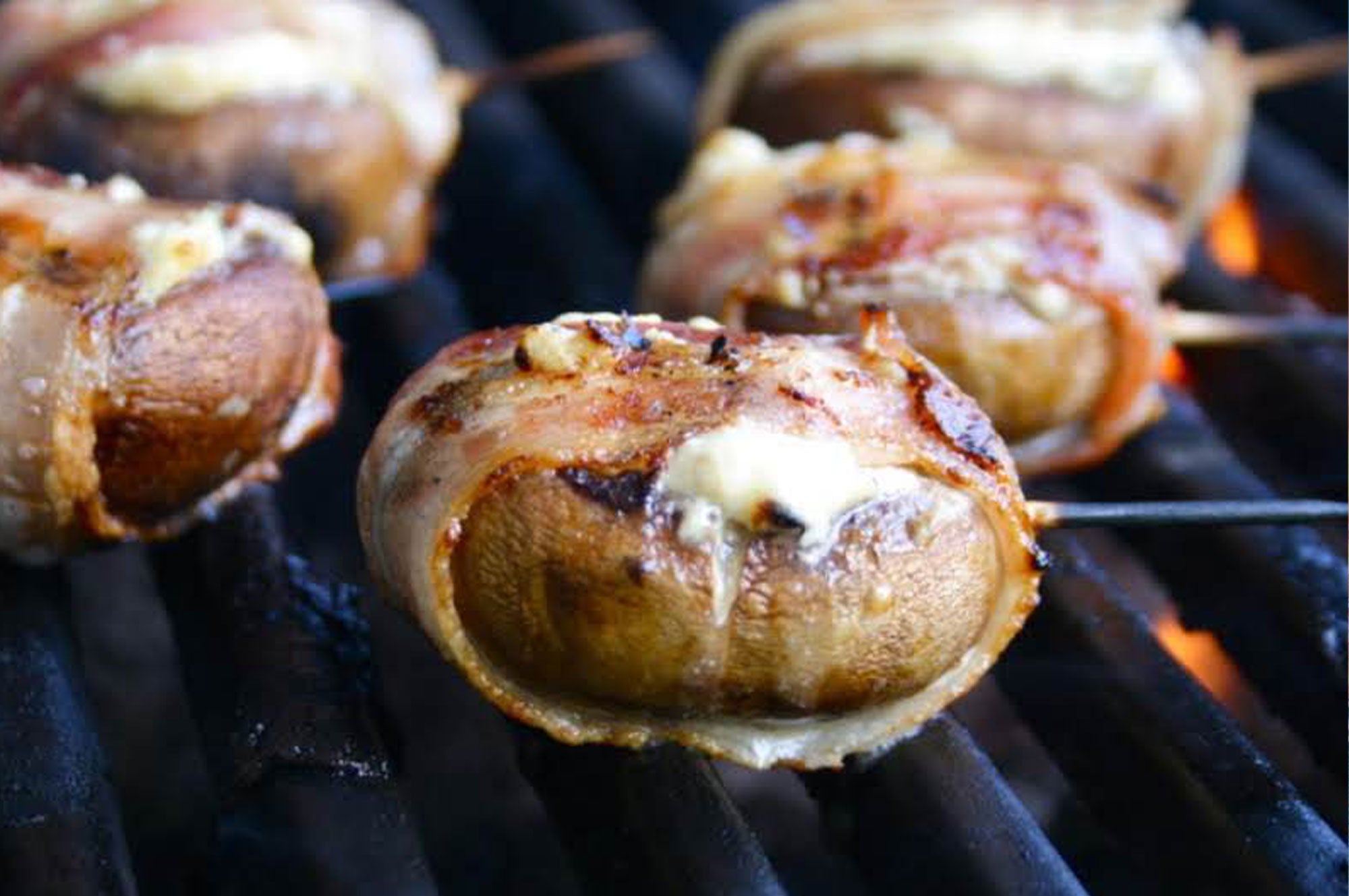 Gorgonzola Filled, Bacon Wrapped Mushrooms