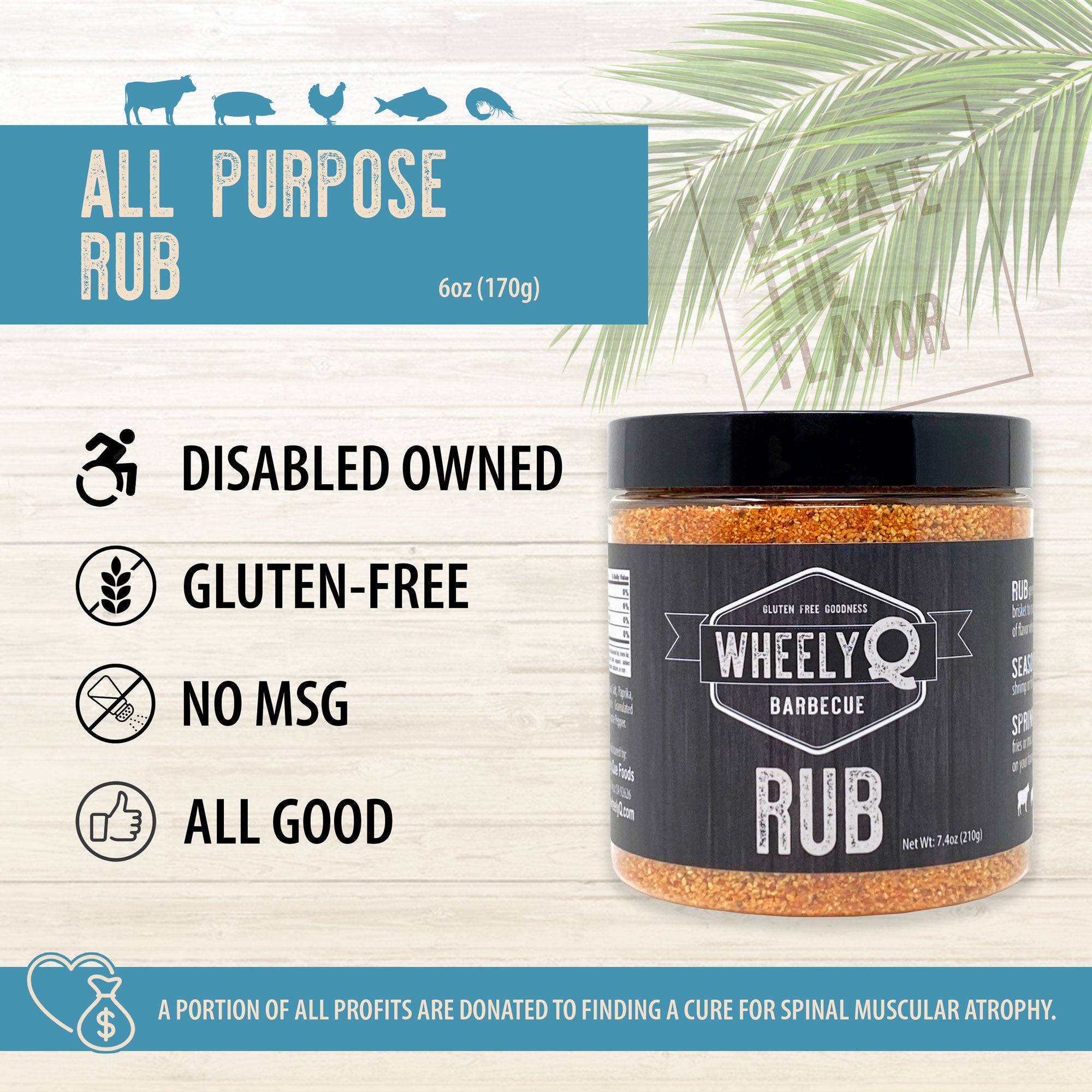 WheelyQ Barbecue infographic for All Purpose Barbecue Rub. Image of bottle with Disabled Owned Gluten-Free, No MSG and All Good.