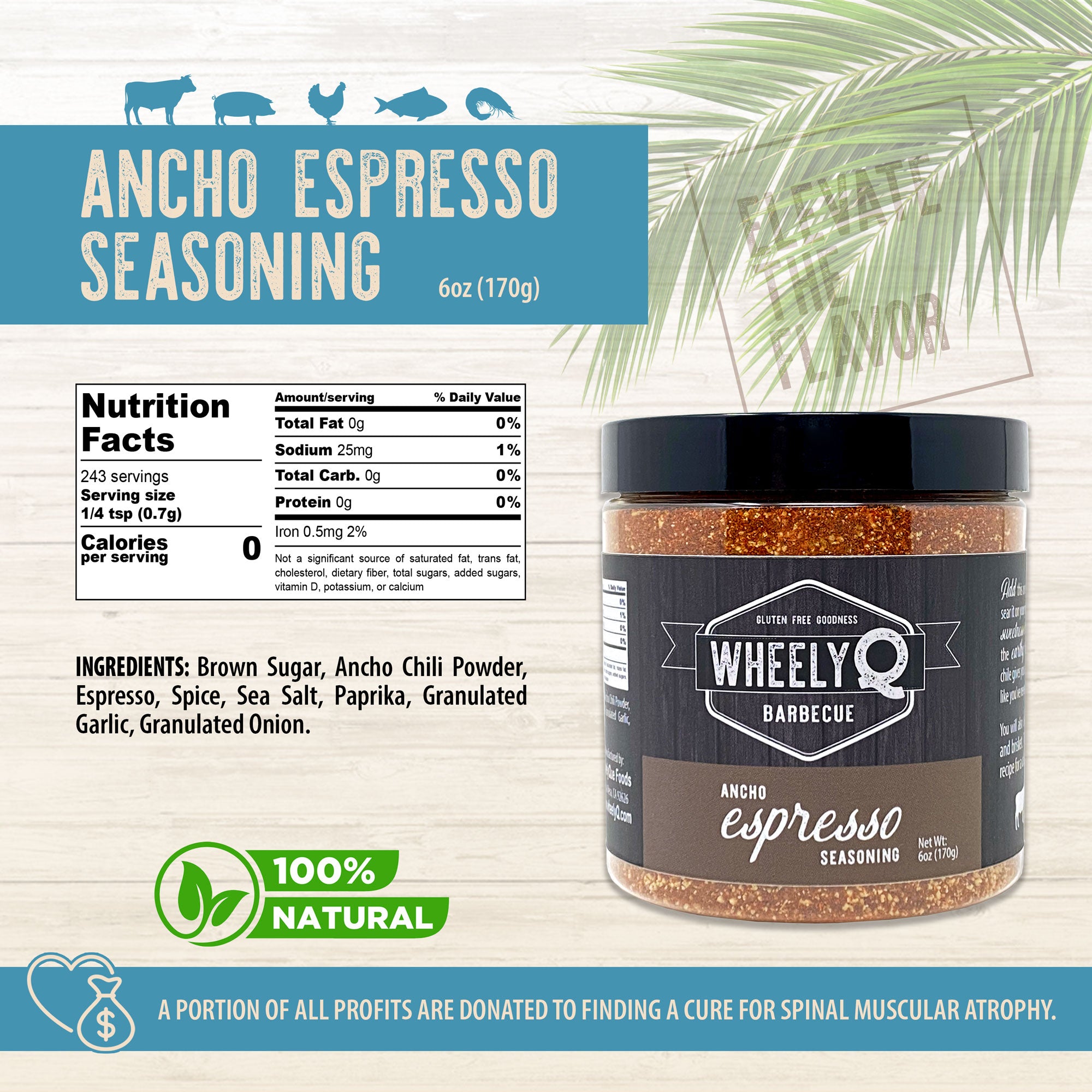 WheelyQ Barbecue infographic for Ancho Espresso Seasoning. Image of list of ingredients and nutrition facts.