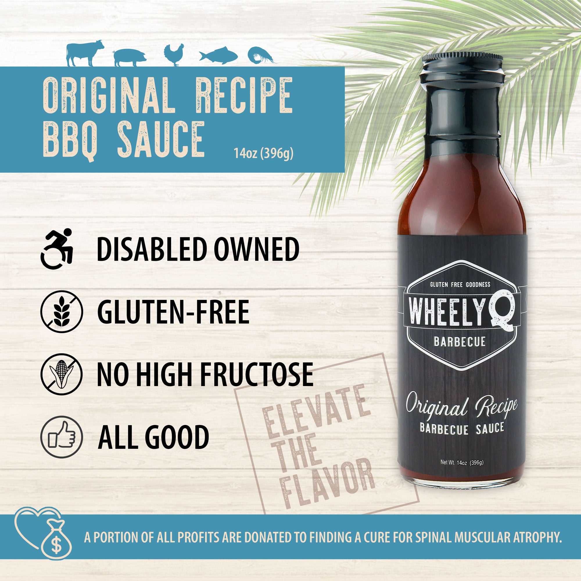 WheelyQ Barbecue infographic for Original Recipe Barbecue Sauce. Image of bottle with Disabled Owned Gluten-Free, No MSG and All Good.