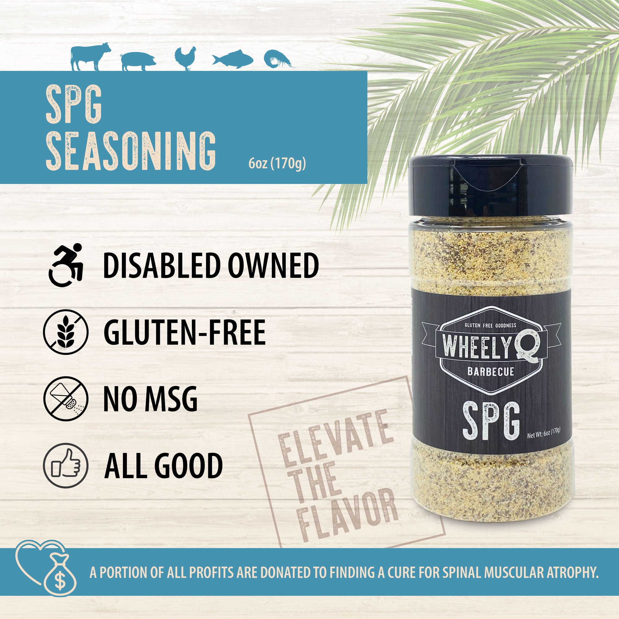 WheelyQ Barbecue infographic for SPG Seasoning. Image of bottle with Disabled Owned Gluten-Free, No MSG and All Good.