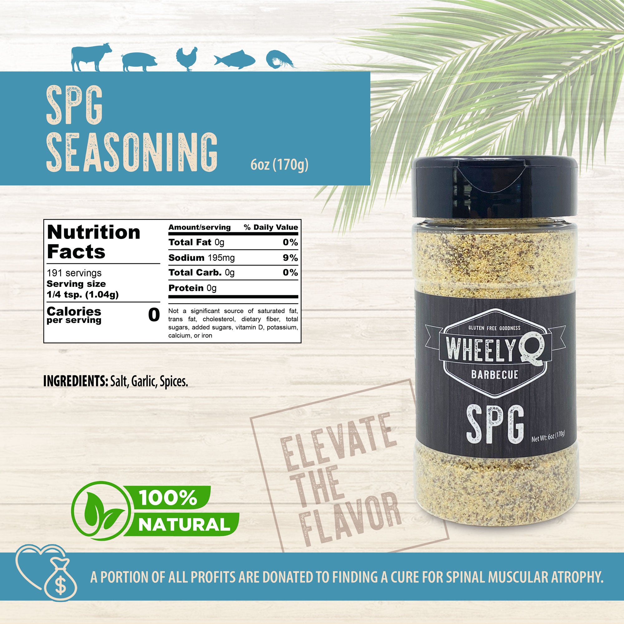 WheelyQ Barbecue infographic for SPG Seasoning. Image of list of ingredients and nutrition facts.