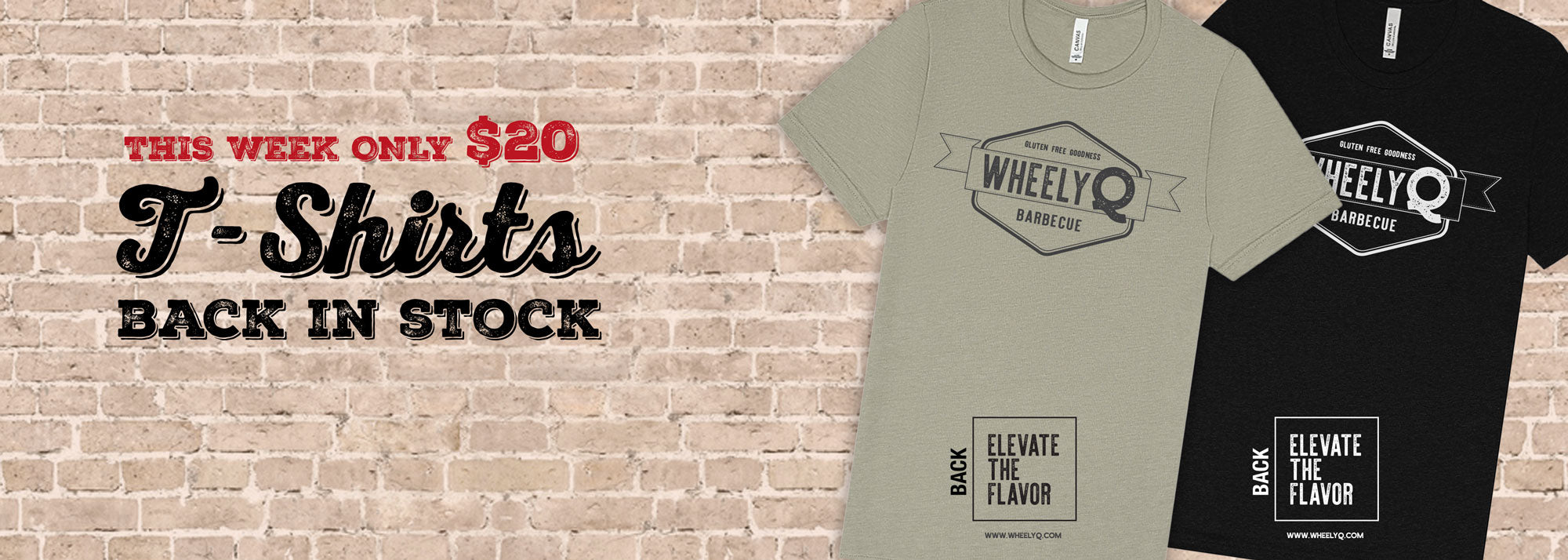 Two t-shirts, one green and one black, with a brand logo on a brick wall background. Text promotes t-shirts back in stock for $20.