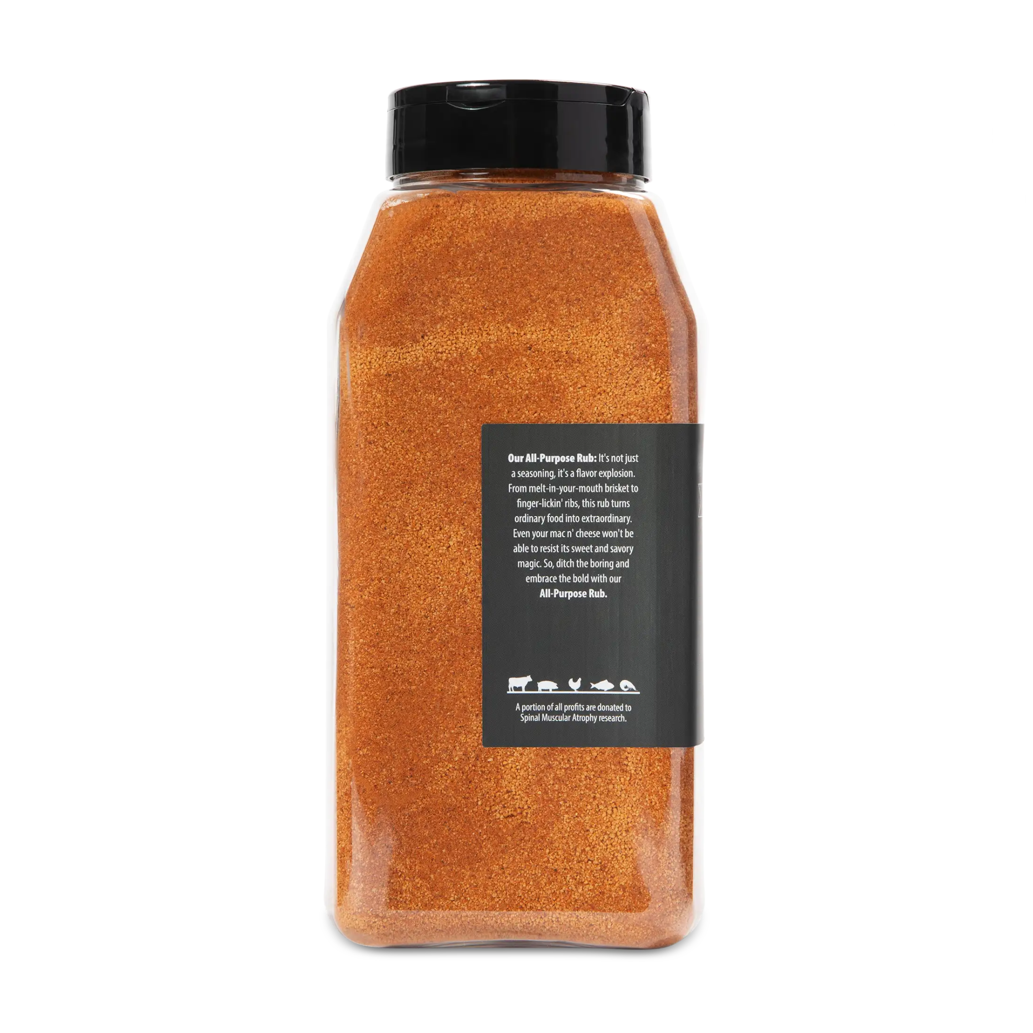 WheelyQ Barbecue All-Purpose Rub 26oz shaker bottle showing the left side showing the product description.