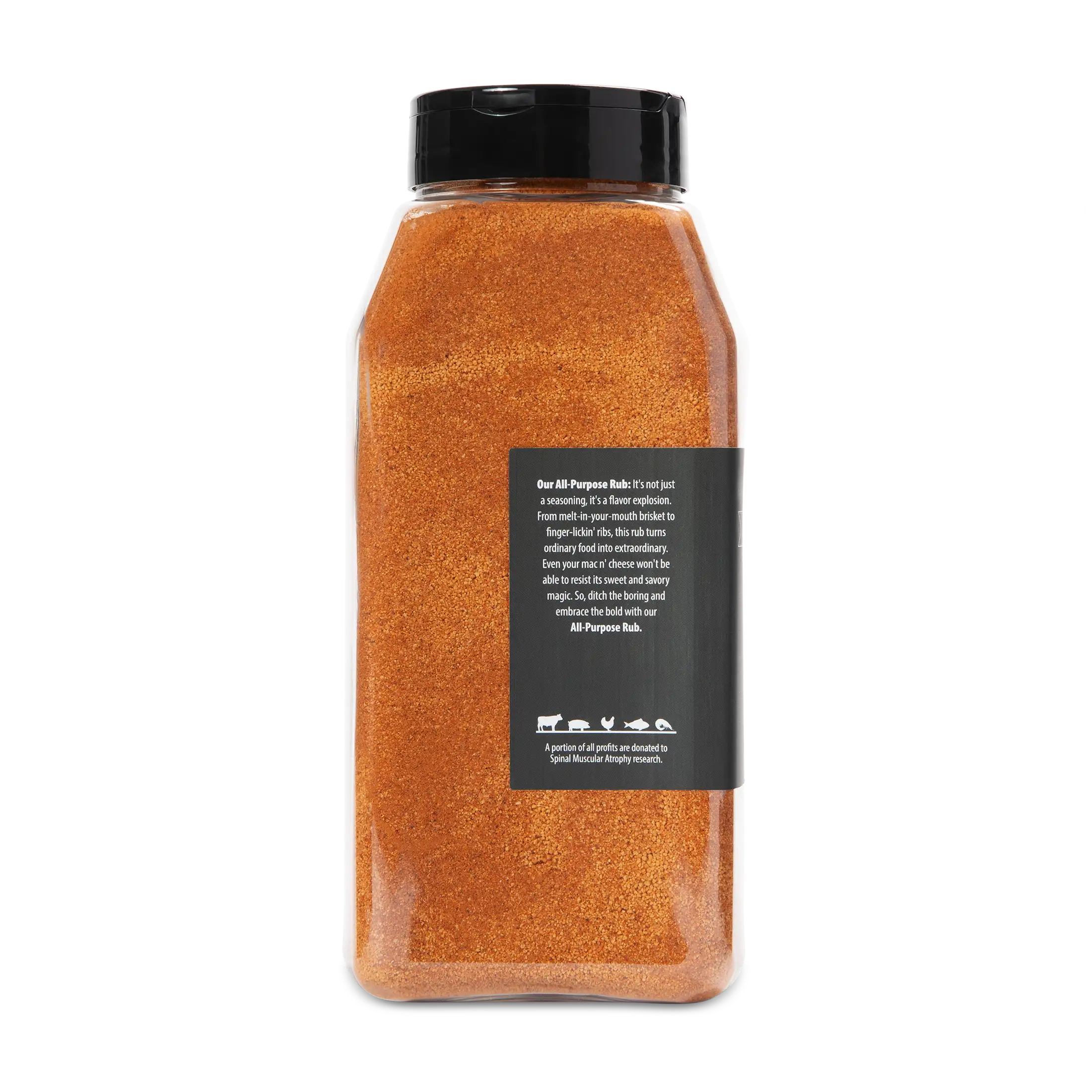 WheelyQ Barbecue All-Purpose Rub 26oz shaker bottle showing the left side showing the product description.