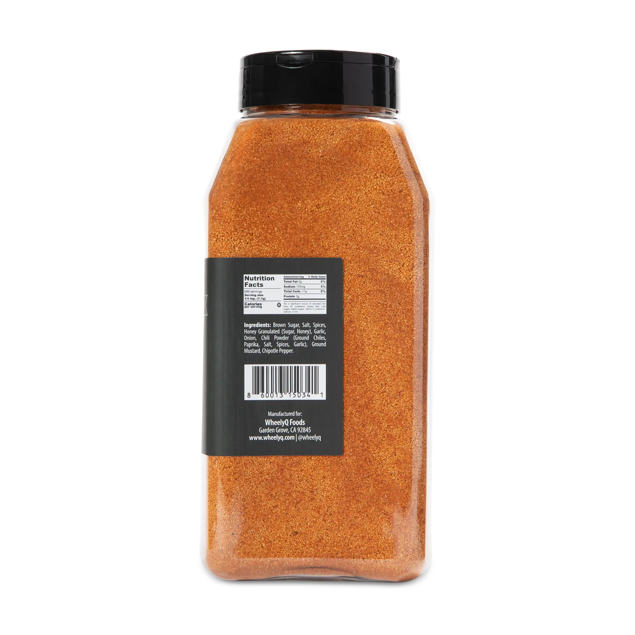 WheelyQ Barbecue All-Purpose Rub 26oz shaker bottle showing the right side with Nutritional Facts. Ingredients and UPC