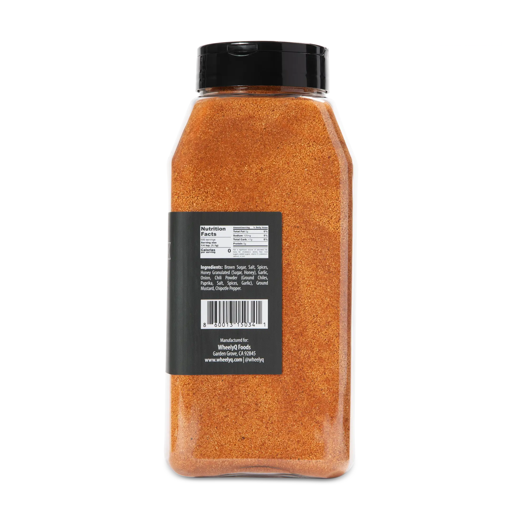 WheelyQ Barbecue All-Purpose Rub 26oz shaker bottle showing the right side with Nutritional Facts. Ingredients and UPC