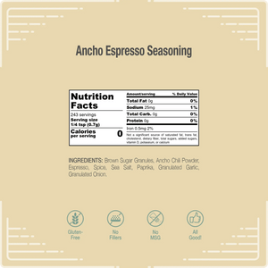 WheelyQ Barbecue, Ancho Espresso Seasoning information graphic showing Nutritional Facts and Ingredients