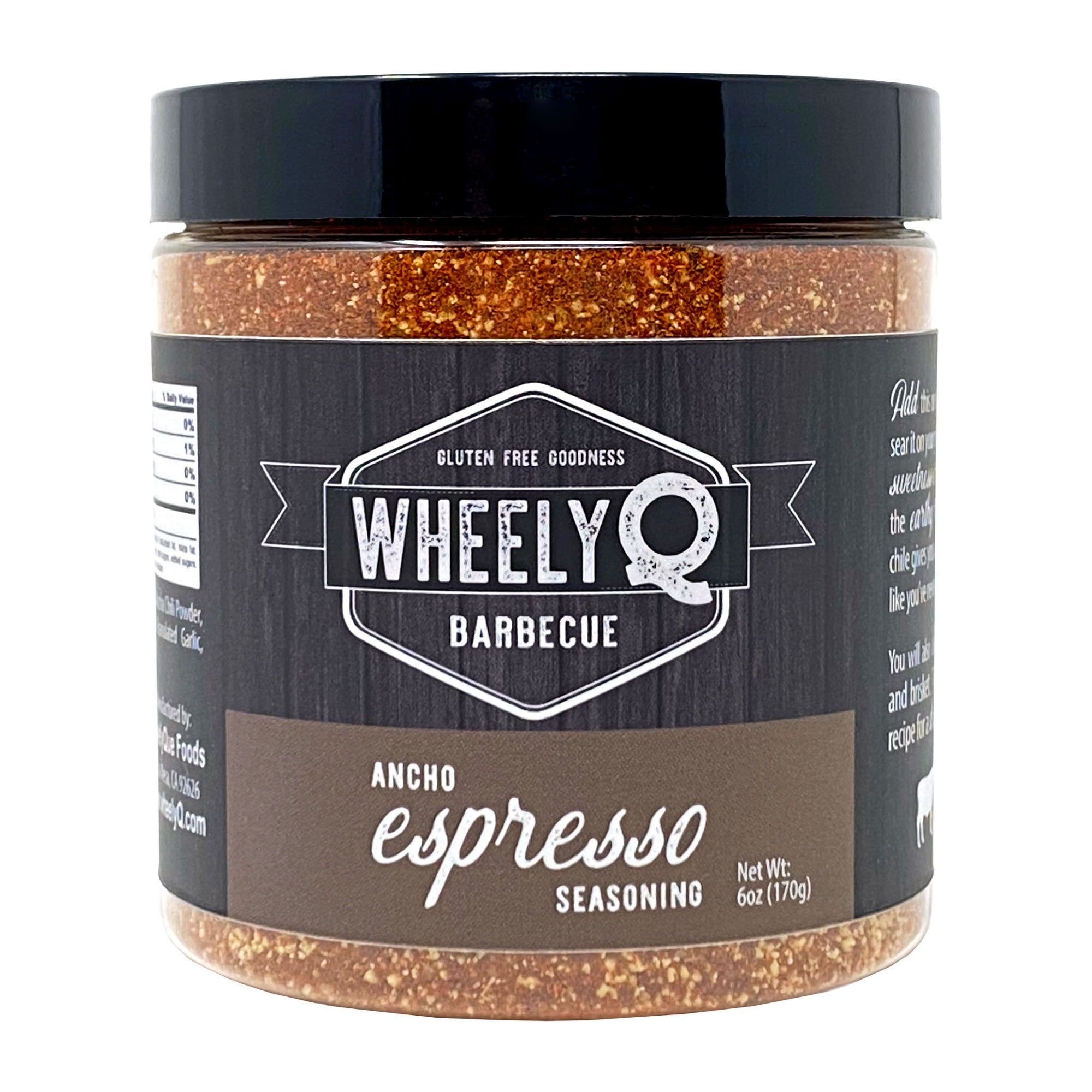 Image of a WheelyQ Barbecue Ancho Espresso Seasoning jar on a white background.