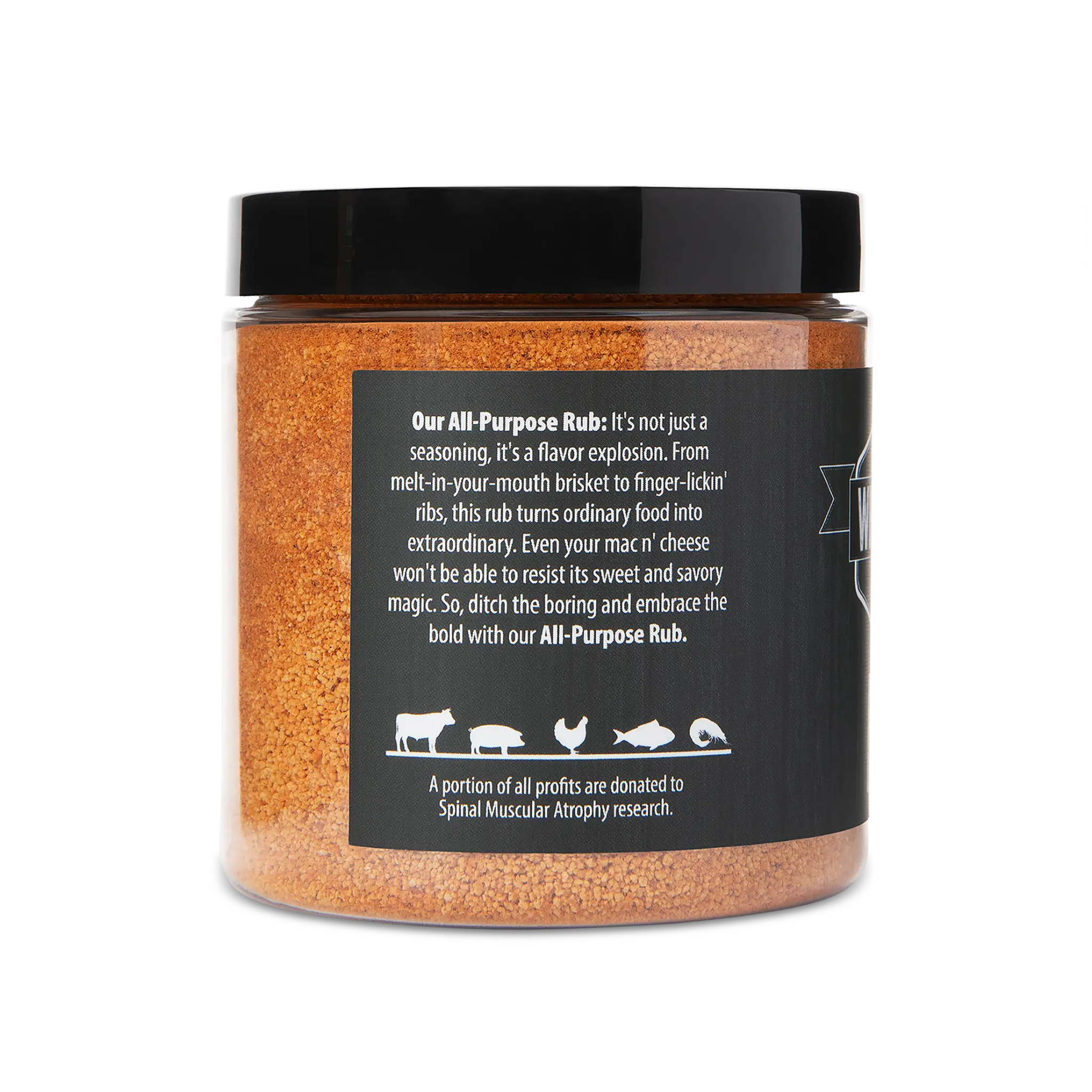 A jar of All-Purpose Rub from WheelyQ Barbecue.