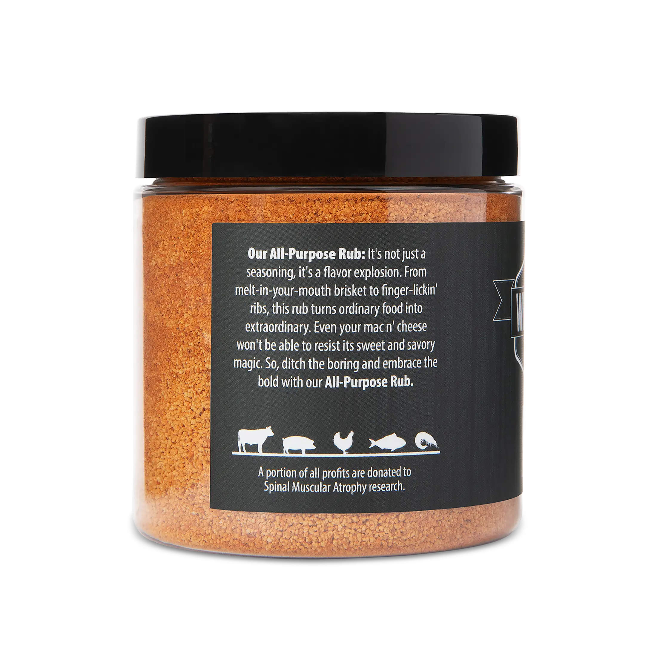 A jar of All-Purpose Rub from WheelyQ Barbecue.