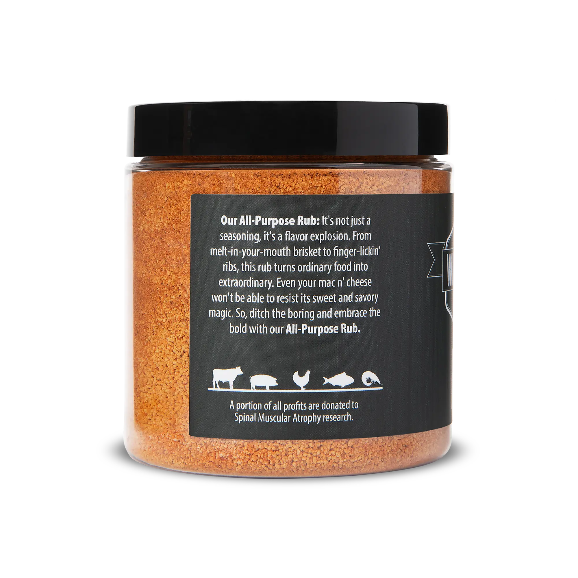 A jar of All-Purpose Rub from WheelyQ Barbecue.