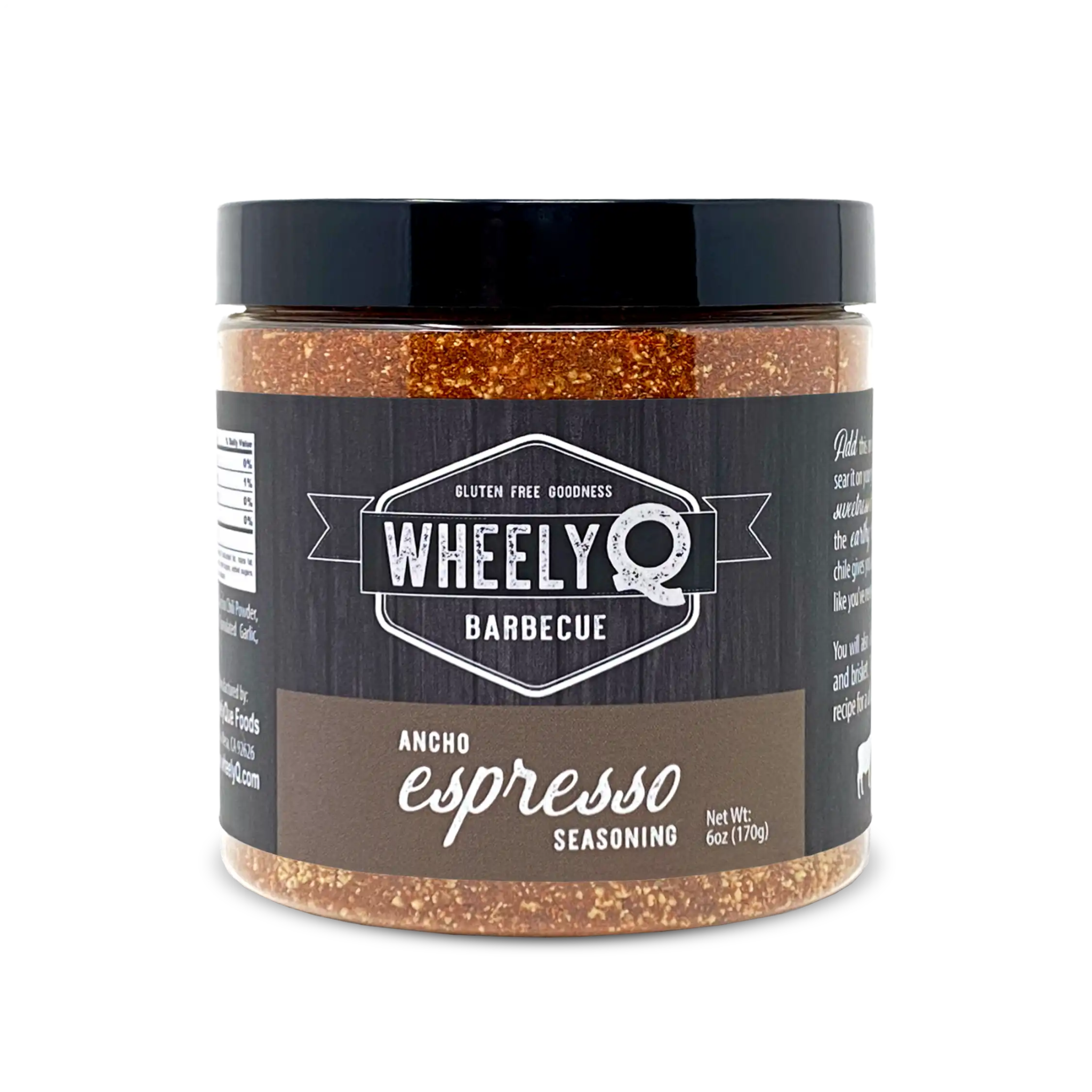 A jar of Ancho Espresso Seasoning from WheelyQ Barbecue.