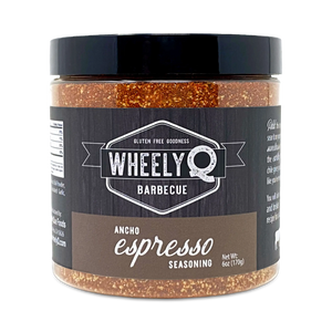 A jar of Ancho Espresso Seasoning from WheelyQ Barbecue.