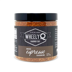 A jar of Ancho Espresso Seasoning from WheelyQ Barbecue.