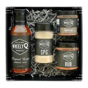 WheelyQ Barbecue Gift Box with Original Recipe Barbecue Sauce, SPG (Salt, Pepper, Garlic) Seasoning, All-Purpose Rub and Ancho Espresso Seasoning.