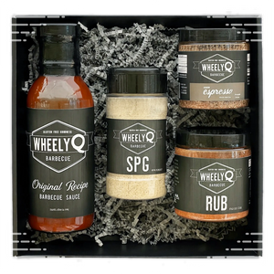 WheelyQ Barbecue Gift Box with Original Recipe Barbecue Sauce, SPG (Salt, Pepper, Garlic) Seasoning, All-Purpose Rub and Ancho Espresso Seasoning.