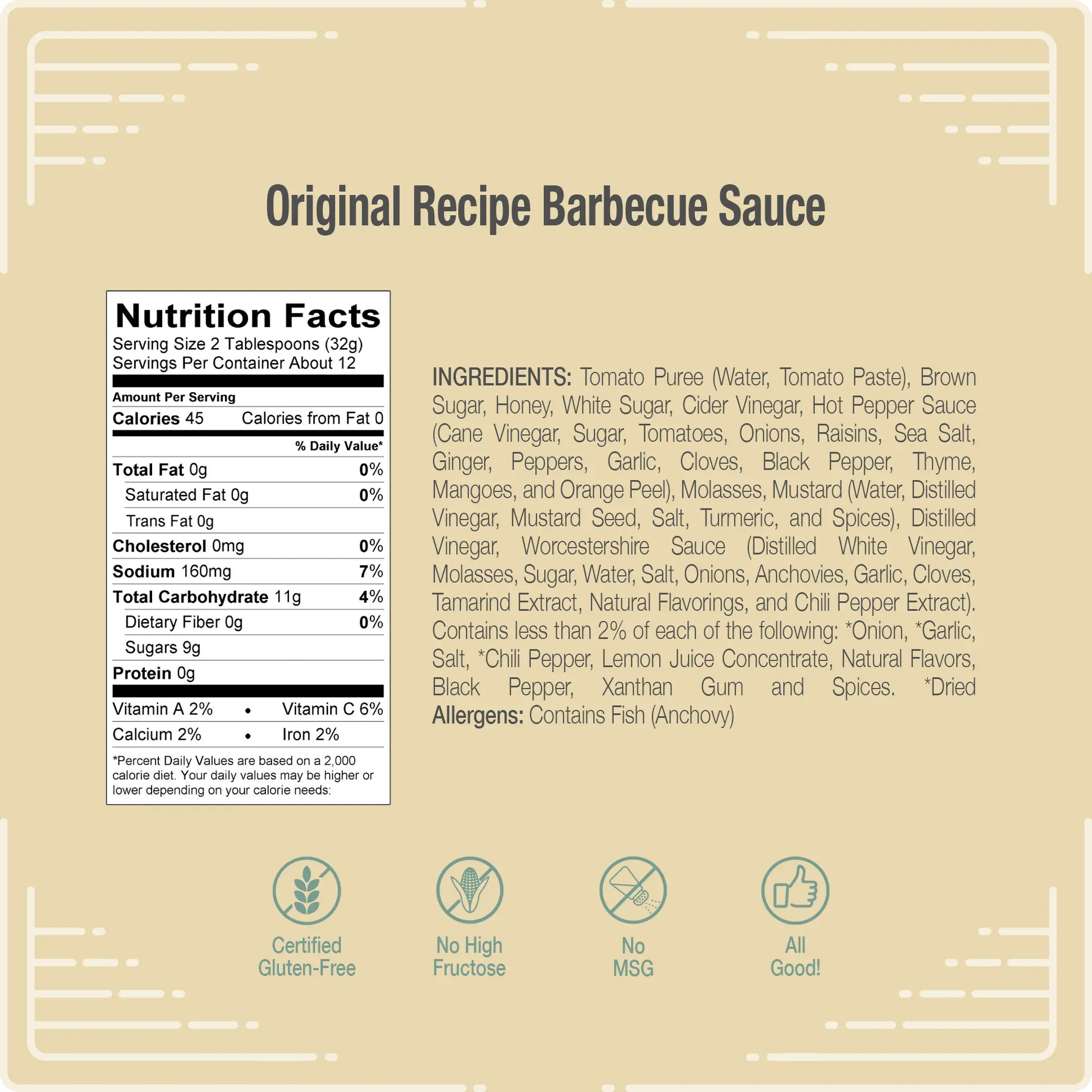 WheelyQ Barbecue, Original Recipe Barbecue Sauce information graphic that shows the Nutritional Facts and Ingredients list.