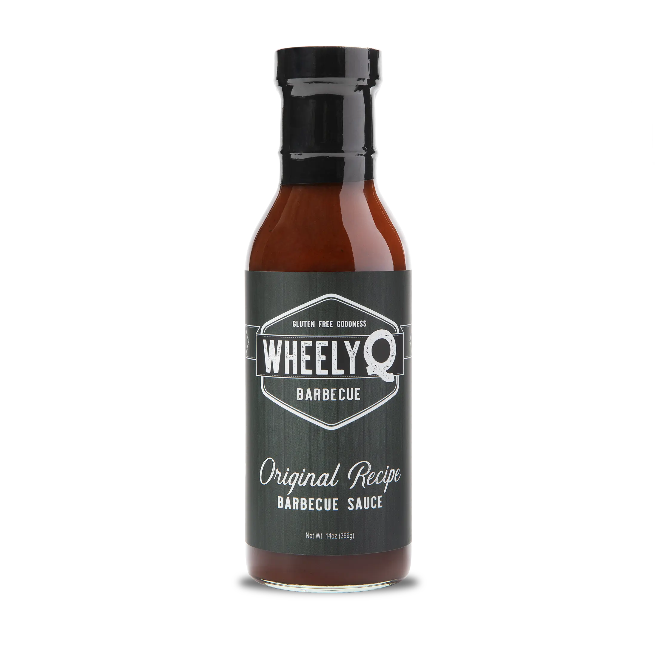 A bottle of WheelyQ Original Recipe Barbecue Sauce showing the front of the bottle.