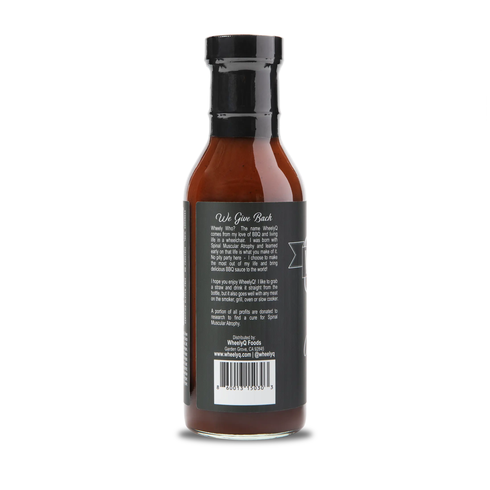 WheelyQ Original Recipe Barbecue Sauce showing the left side of the bottle.