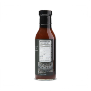 WheelyQ Original Recipe Barbecue Sauce showing the right of the bottle that shows the Nutritional Facts and Ingredients.