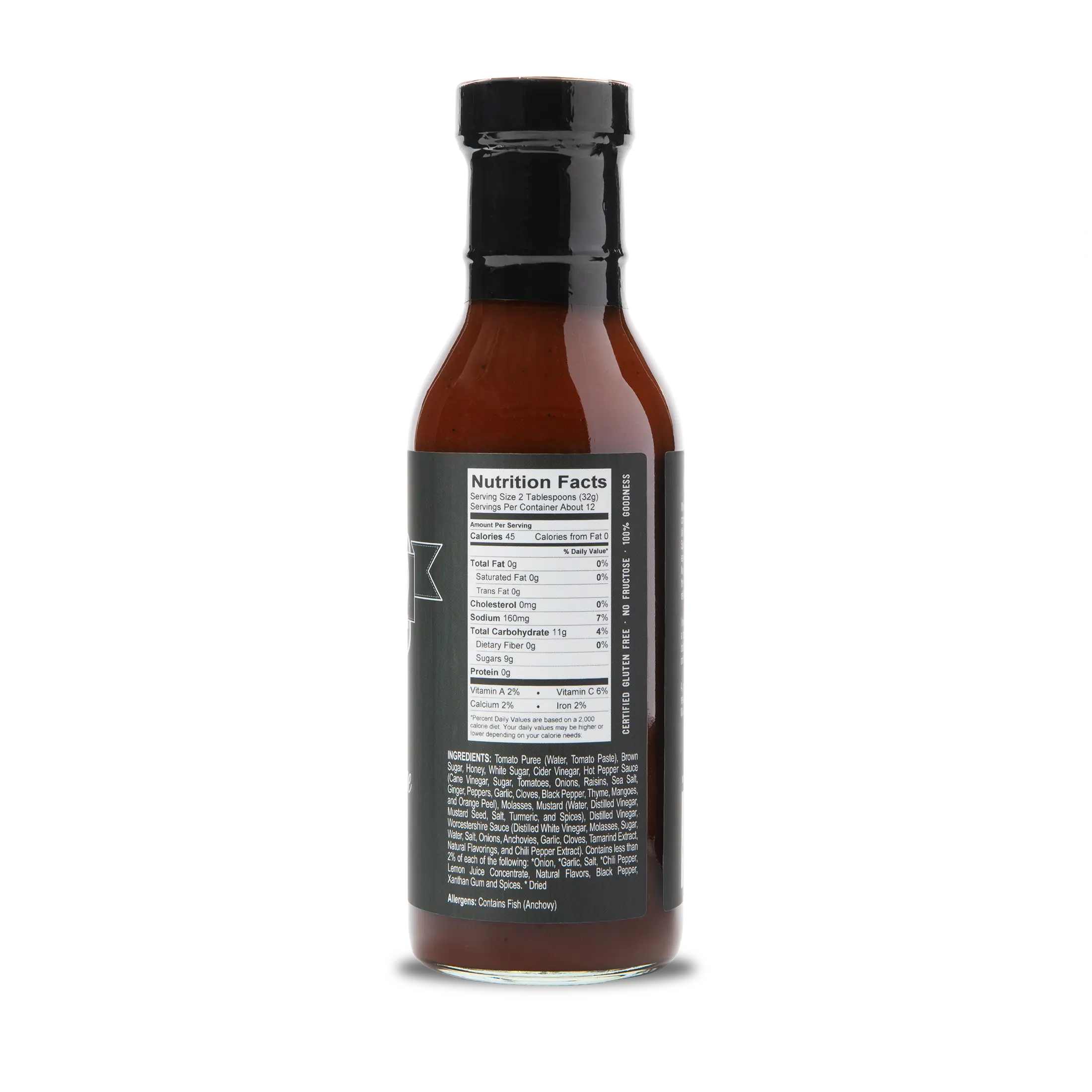 A bottle of WheelyQ Original Recipe Barbecue Sauce showing the right of the bottle that shows the Nutritional Facts and Ingredients.