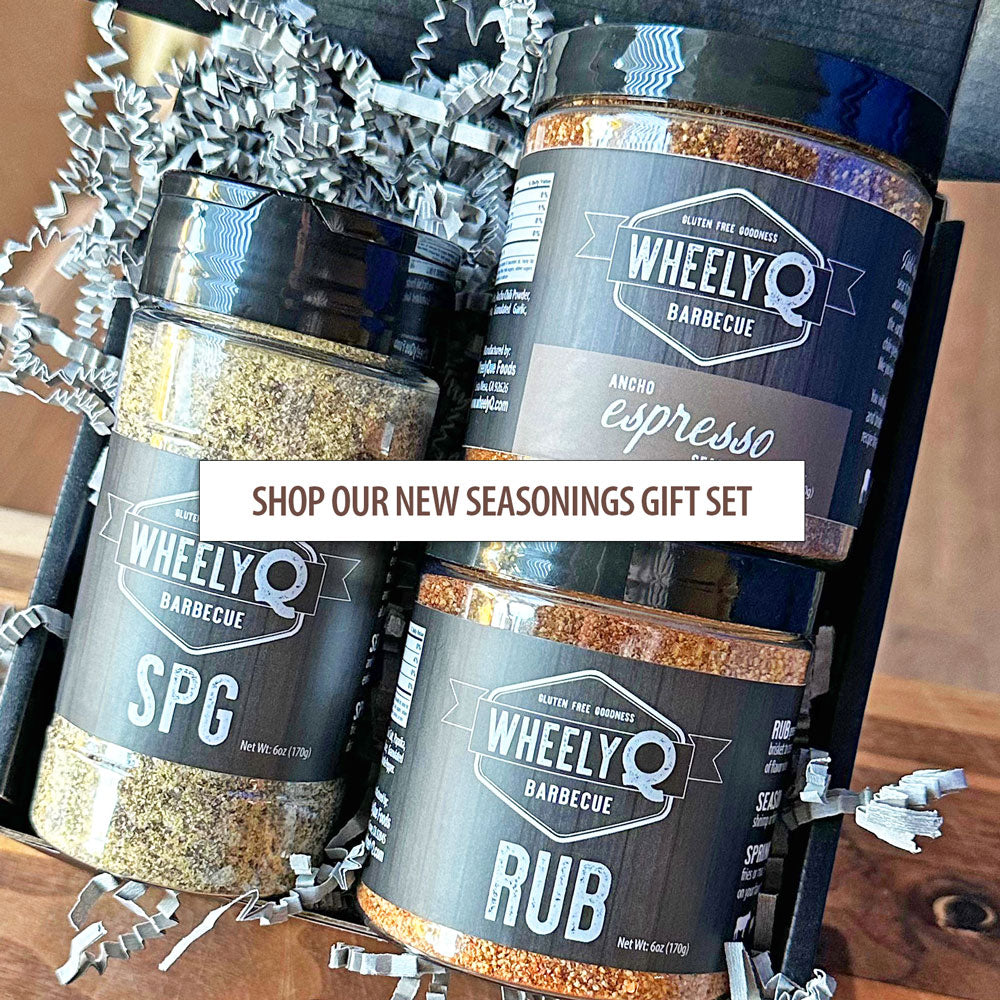 Overhead shot of our new Seasonings Gift Set.  Shows our SPG Seasoning, Ancho Espresso Seasoning and All-Purpose Rub.