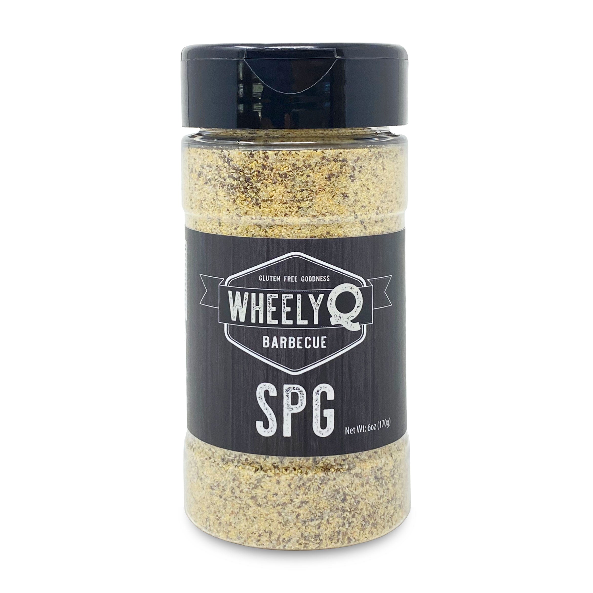 Image of WheelyQ SPG Seasoning on a white background.  Salt, Pepper and Garlic.