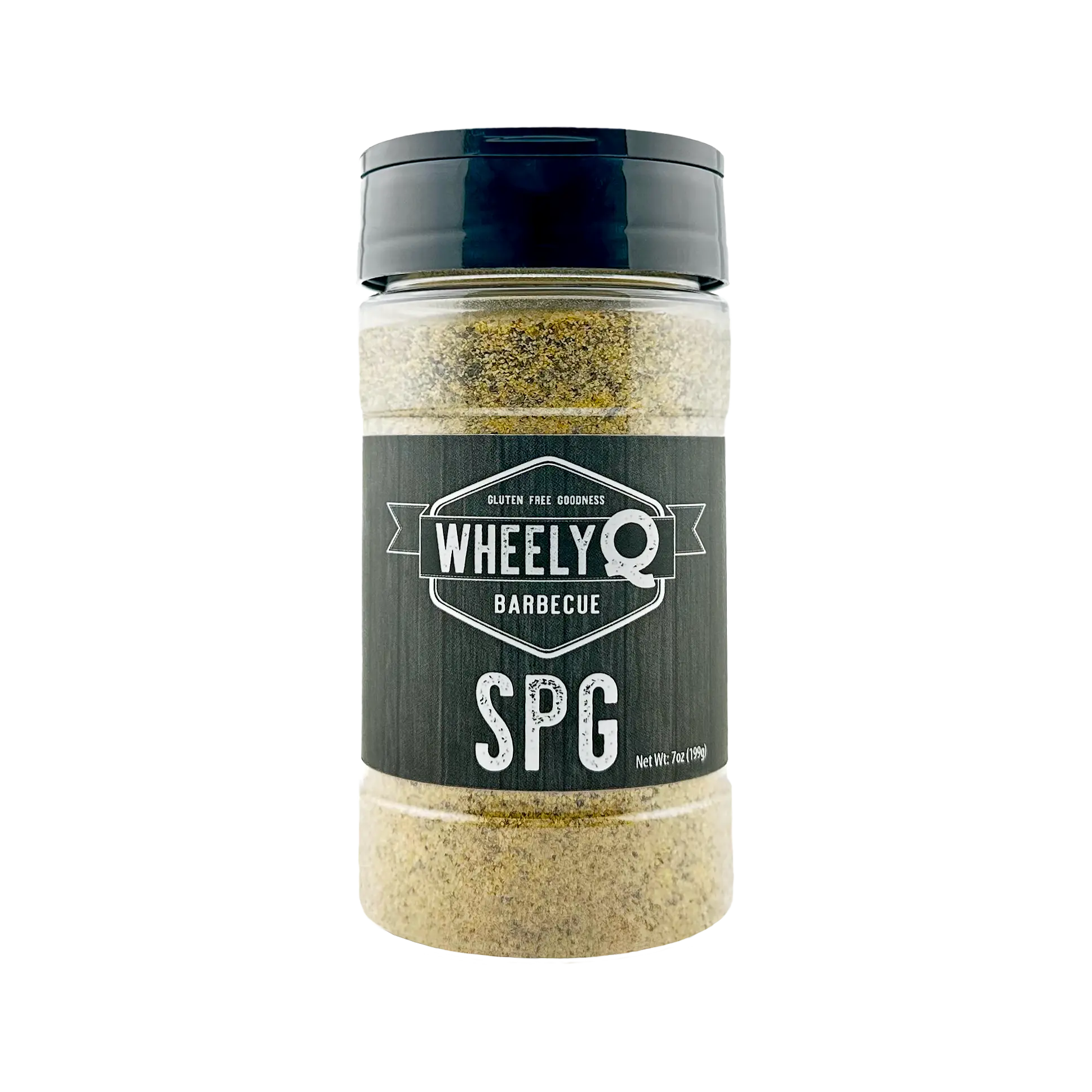 A bottle of SPG (Salt, Pepper & Garlic) Seasoning from WheelyQ Barbecue.