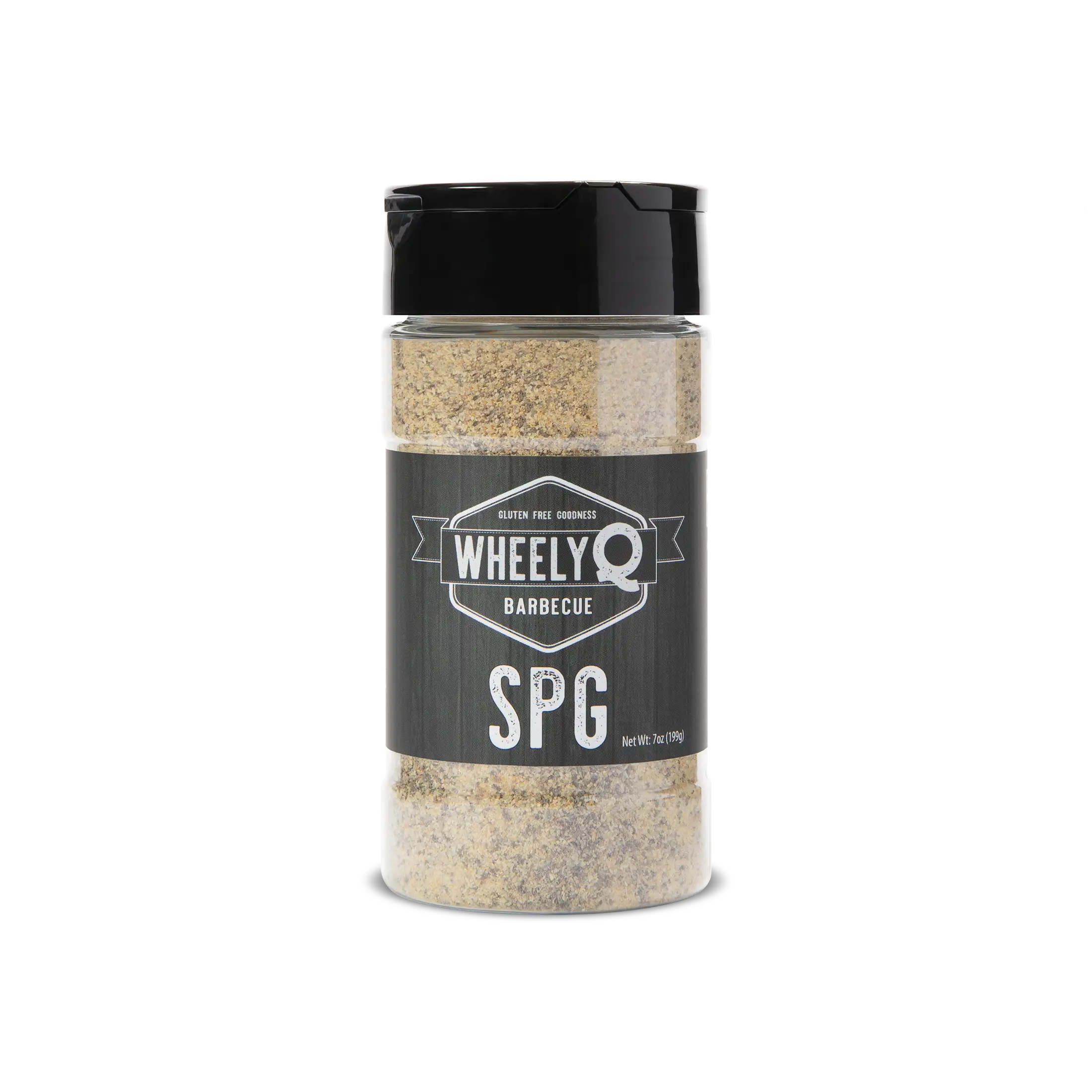 A bottle of WheelyQ Barbecue SPG Seasoning (Salt, Pepper, Garlic) showing the front.