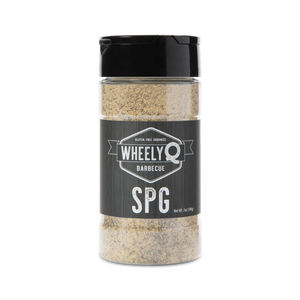 A bottle of WheelyQ Barbecue SPG Seasoning (Salt, Pepper, Garlic) showing the front.