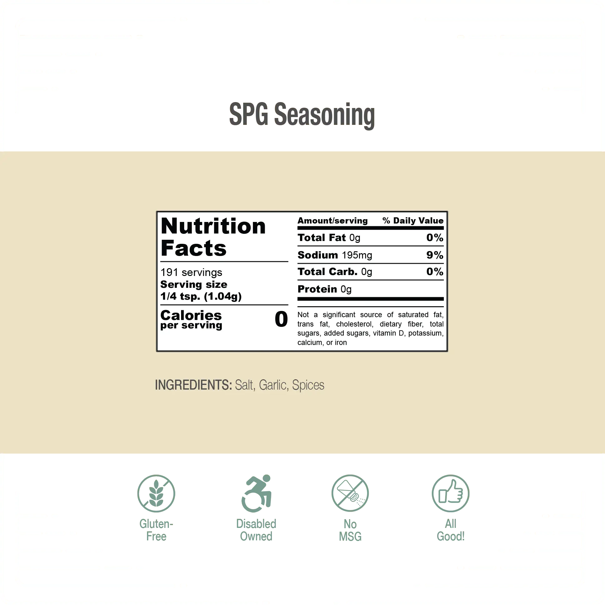 WheelyQ Barbecue, SPG Seasoning information graphic showing Nutritional Facts and Ingredients.