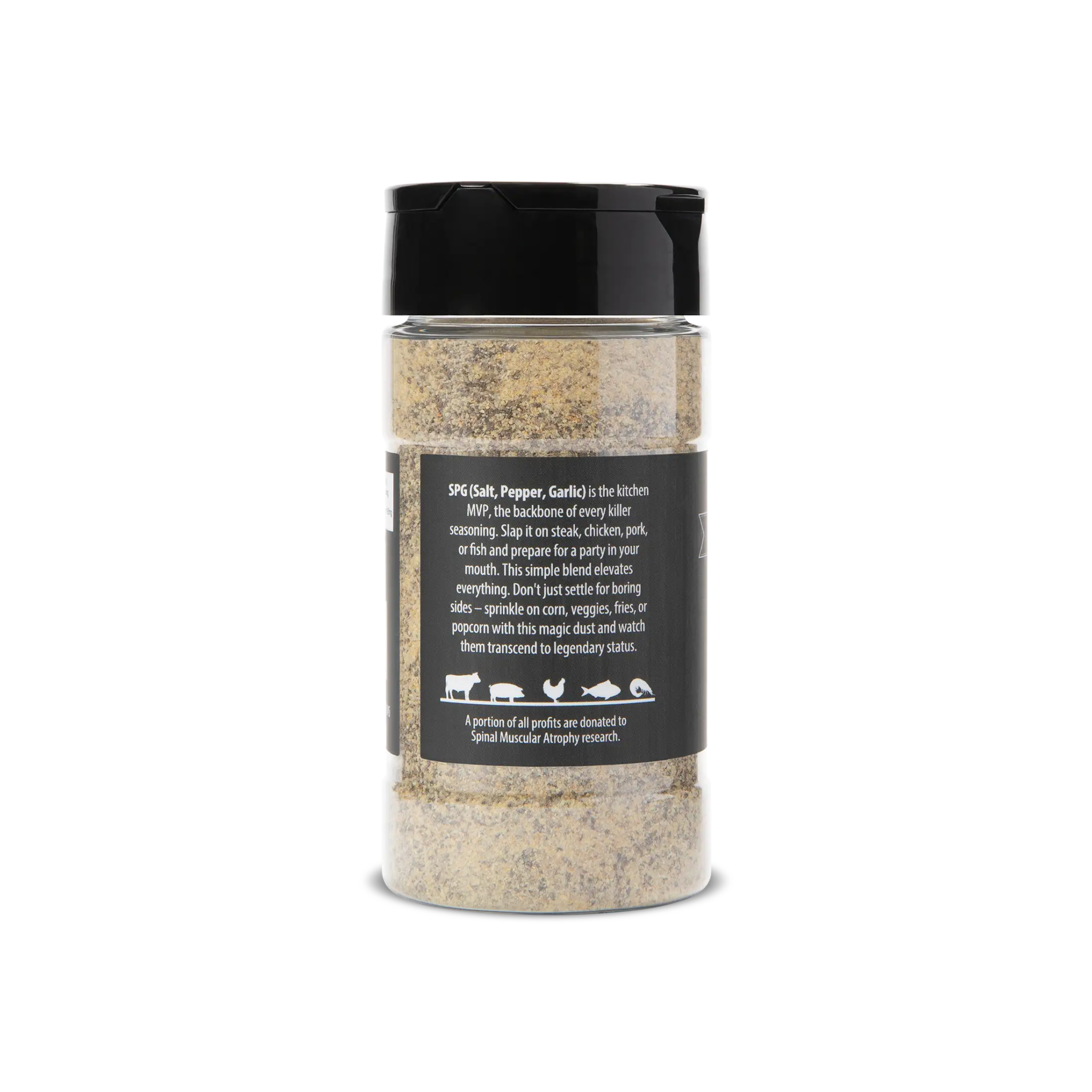 A bottle of WheelyQ Barbecue SPG Seasoning (Salt, Pepper, Garlic) showing the left.