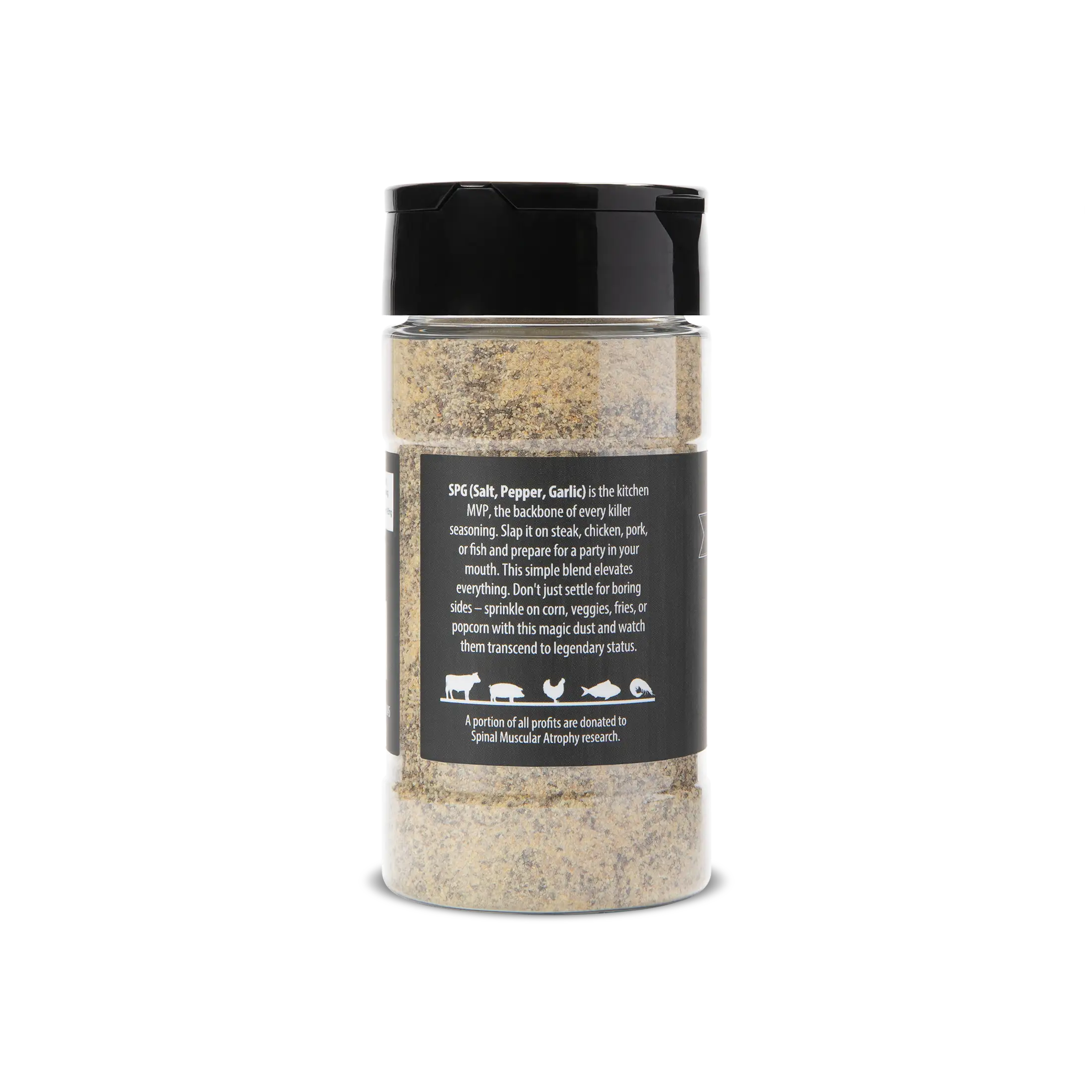 A bottle of WheelyQ Barbecue SPG Seasoning (Salt, Pepper, Garlic) showing the left.