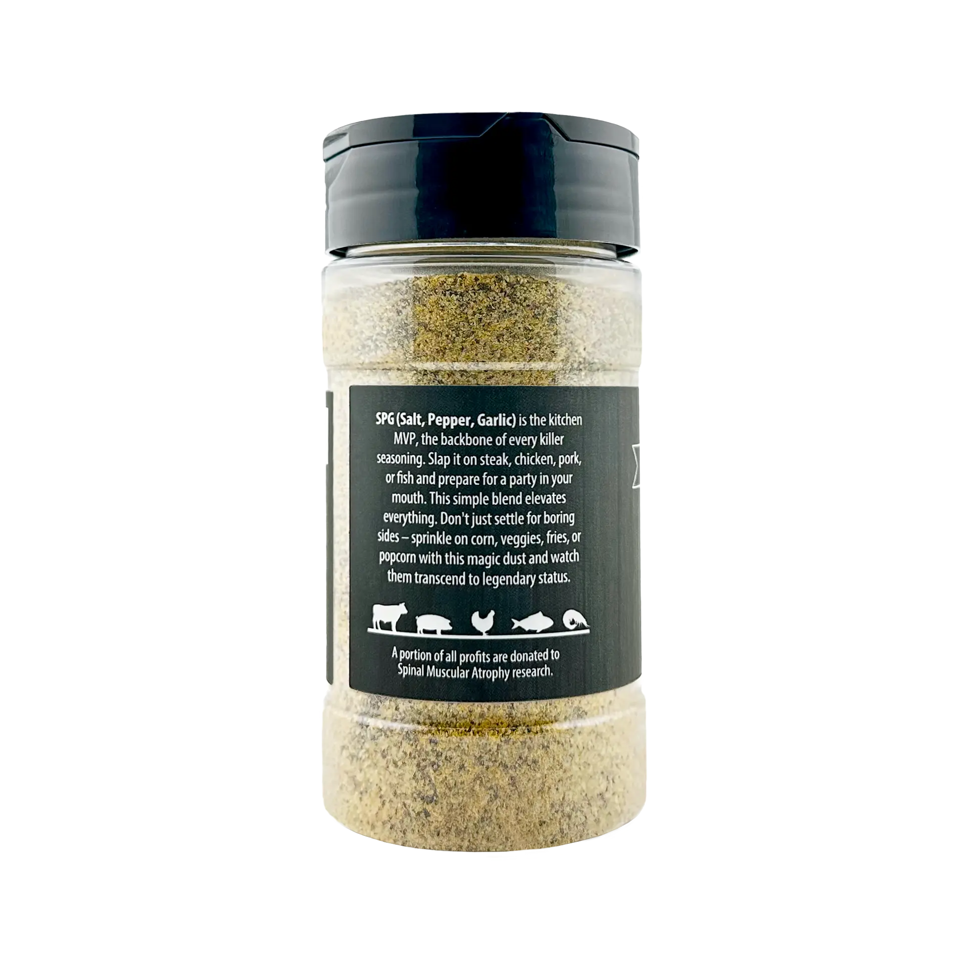 A bottle of SPG (Salt, Pepper & Garlic) Seasoning from WheelyQ Barbecue.