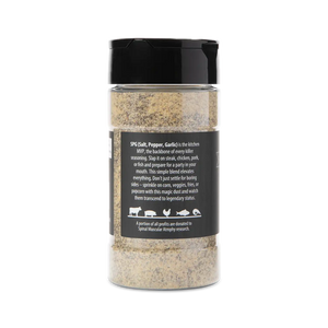 A bottle of WheelyQ Barbecue SPG Seasoning (Salt, Pepper, Garlic) showing the left.