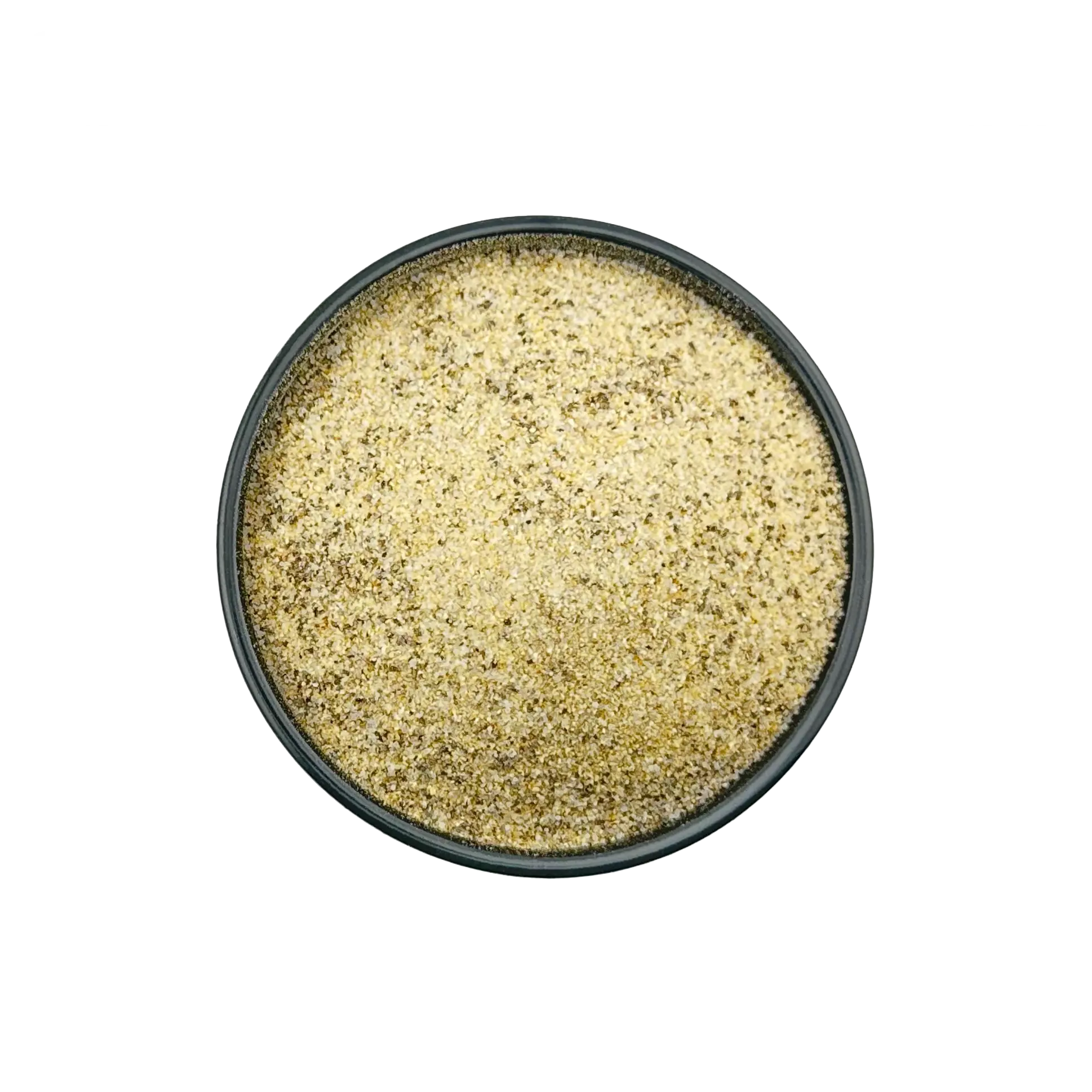 A over image of a small black bowl filled with SPG Seasoning (Salt, Pepper, Garlic).