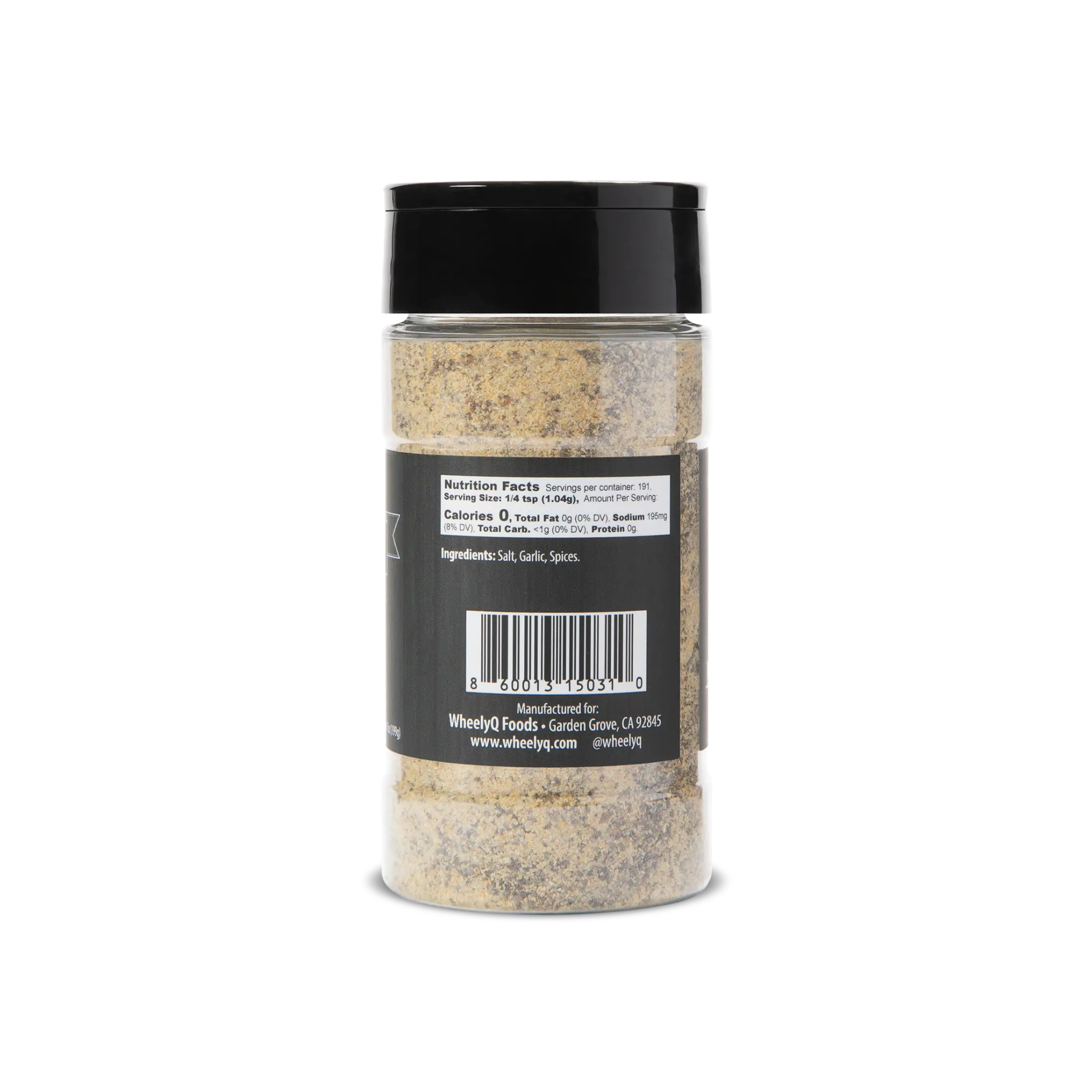 A bottle of WheelyQ Barbecue SPG Seasoning (Salt, Pepper, Garlic) showing the right.