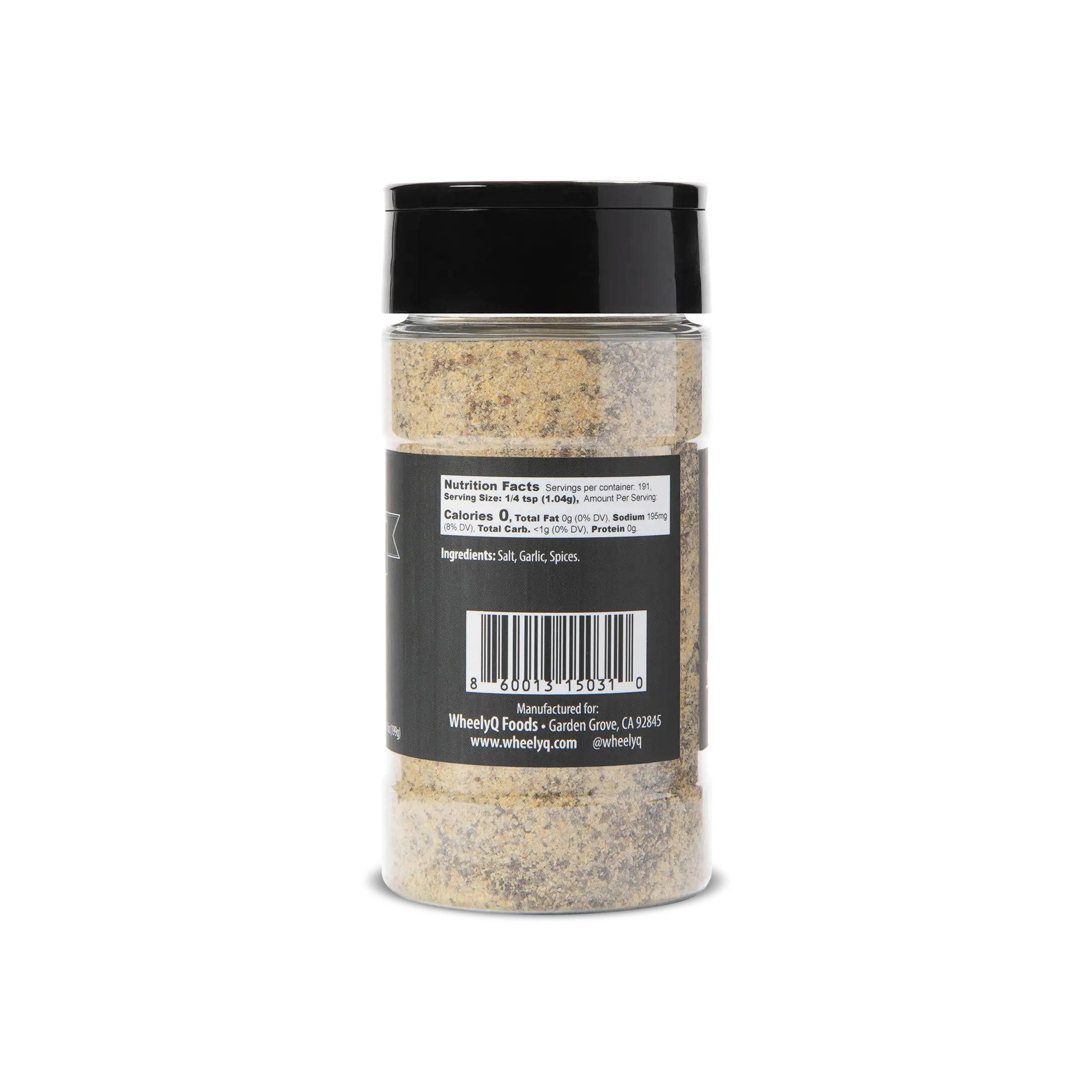 A bottle of WheelyQ Barbecue SPG Seasoning (Salt, Pepper, Garlic) showing the right.