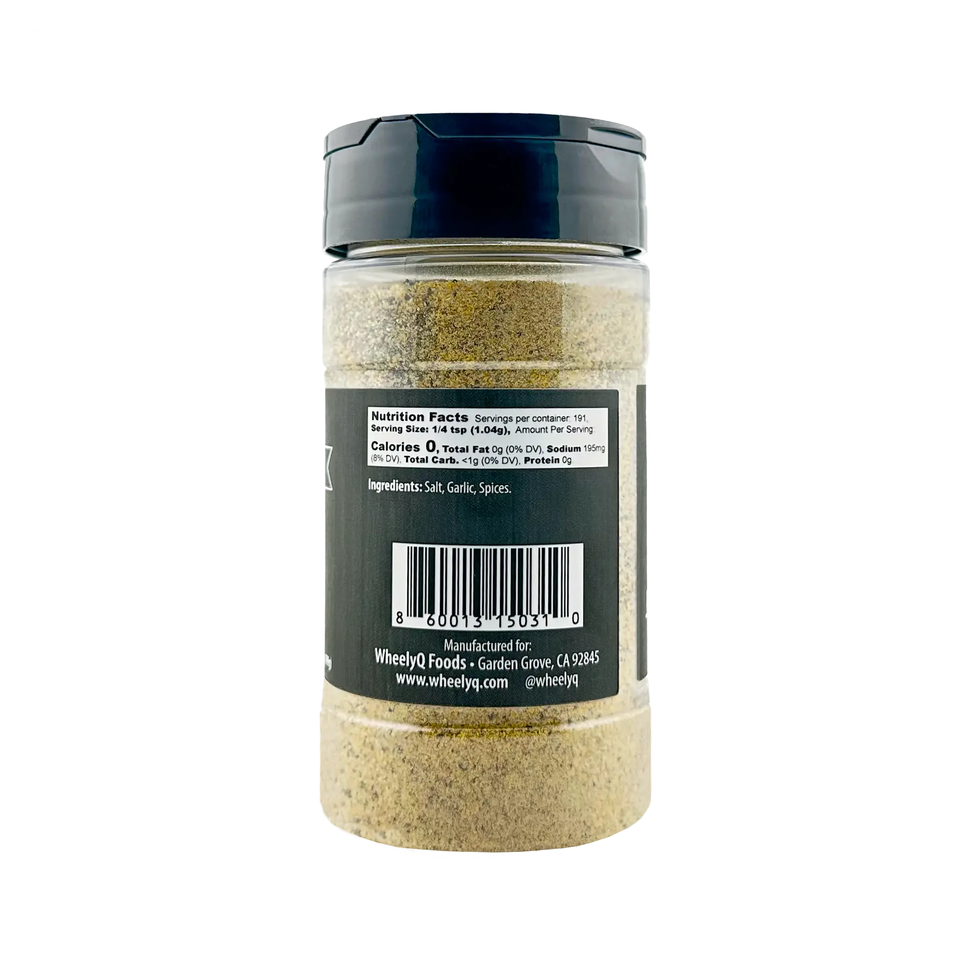 A bottle of SPG (Salt, Pepper & Garlic) Seasoning from WheelyQ Barbecue.