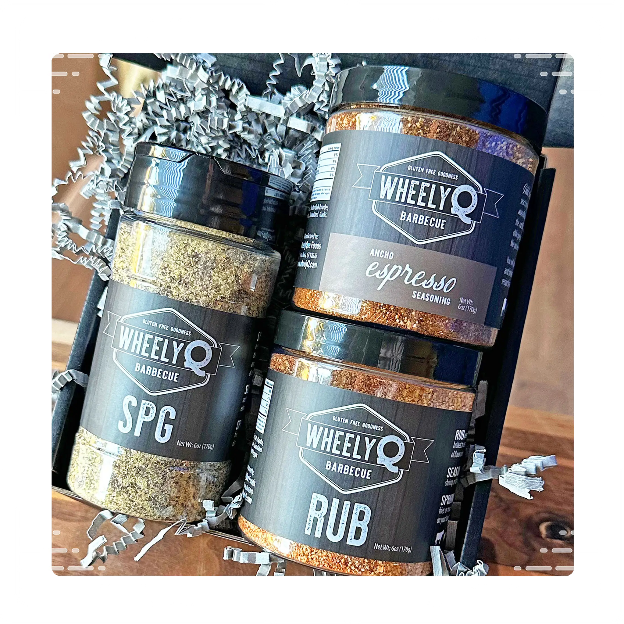 Rub and Seasoning Gift Box from WheelyQ.  Includes 1 Ancho Espresso Seasoning, 1 SPG Seasoning and 1 All-Purpose Rub.