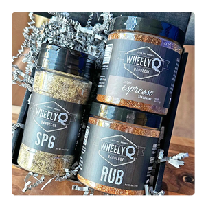 Rub and Seasoning Gift Box from WheelyQ.  Includes 1 Ancho Espresso Seasoning, 1 SPG Seasoning and 1 All-Purpose Rub.