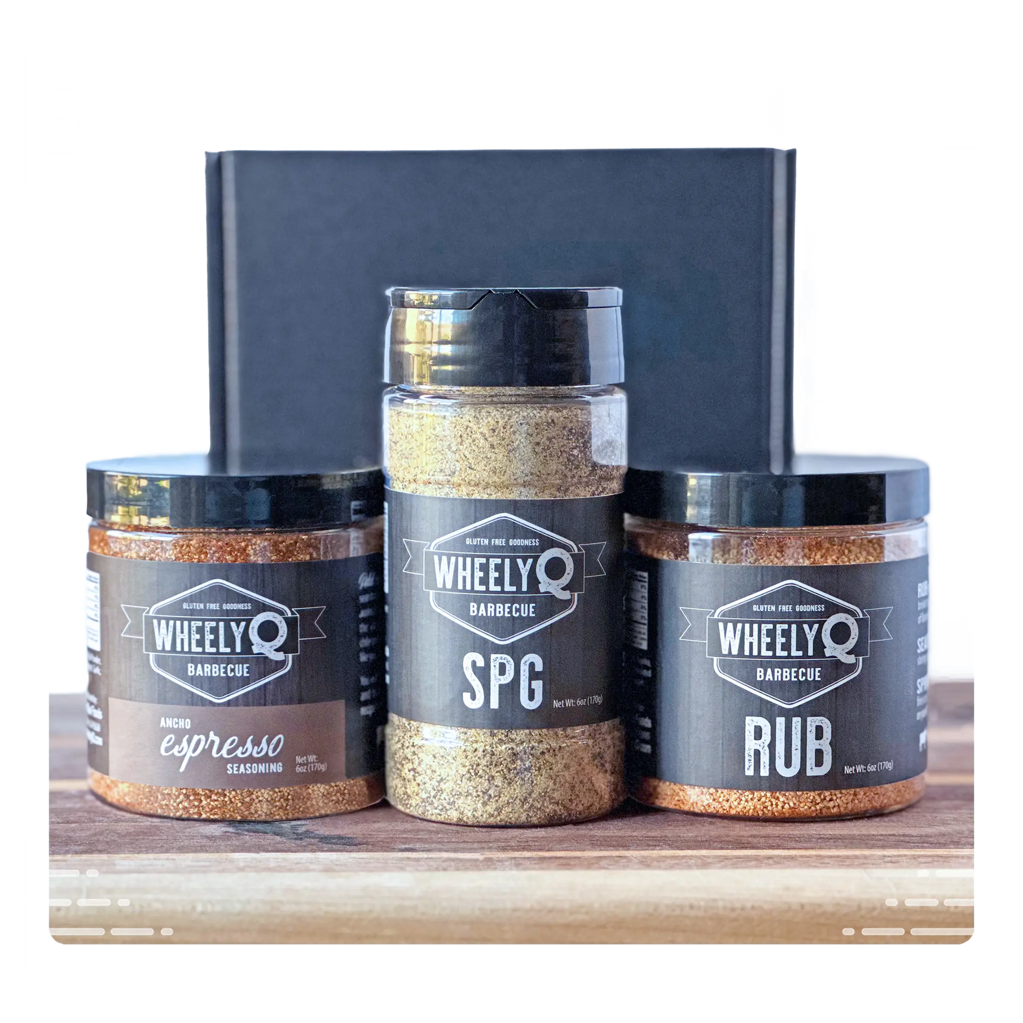 Rub and Seasoning Gift Box from WheelyQ.  Includes 1 Ancho Espresso Seasoning, 1 SPG Seasoning and 1 All-Purpose Rub.