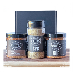 Rub and Seasoning Gift Box from WheelyQ.  Includes 1 Ancho Espresso Seasoning, 1 SPG Seasoning and 1 All-Purpose Rub.